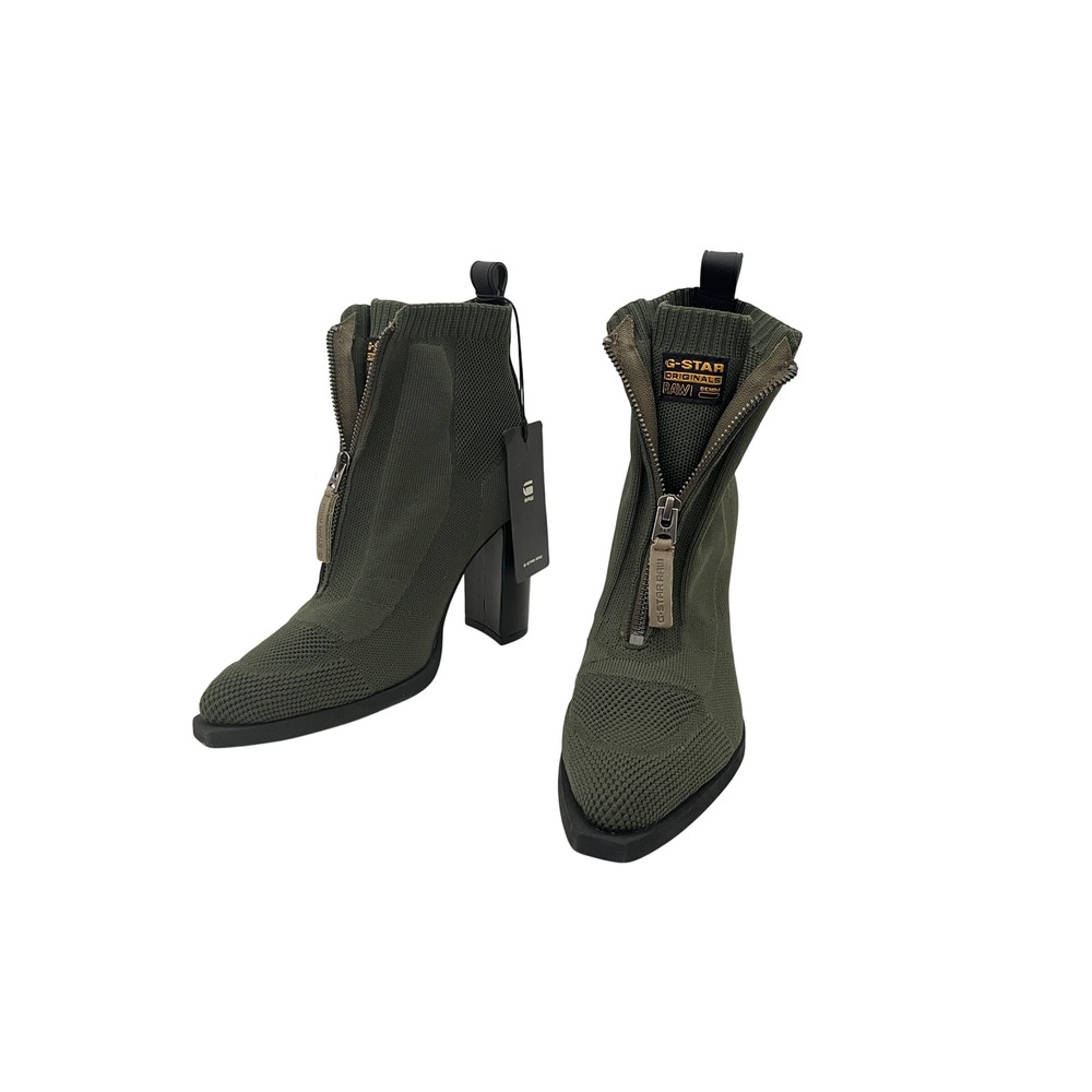 G-Star RAW Rackam Sock Boots Green Knit Front Zip Block Heel Ankle Boots NEW